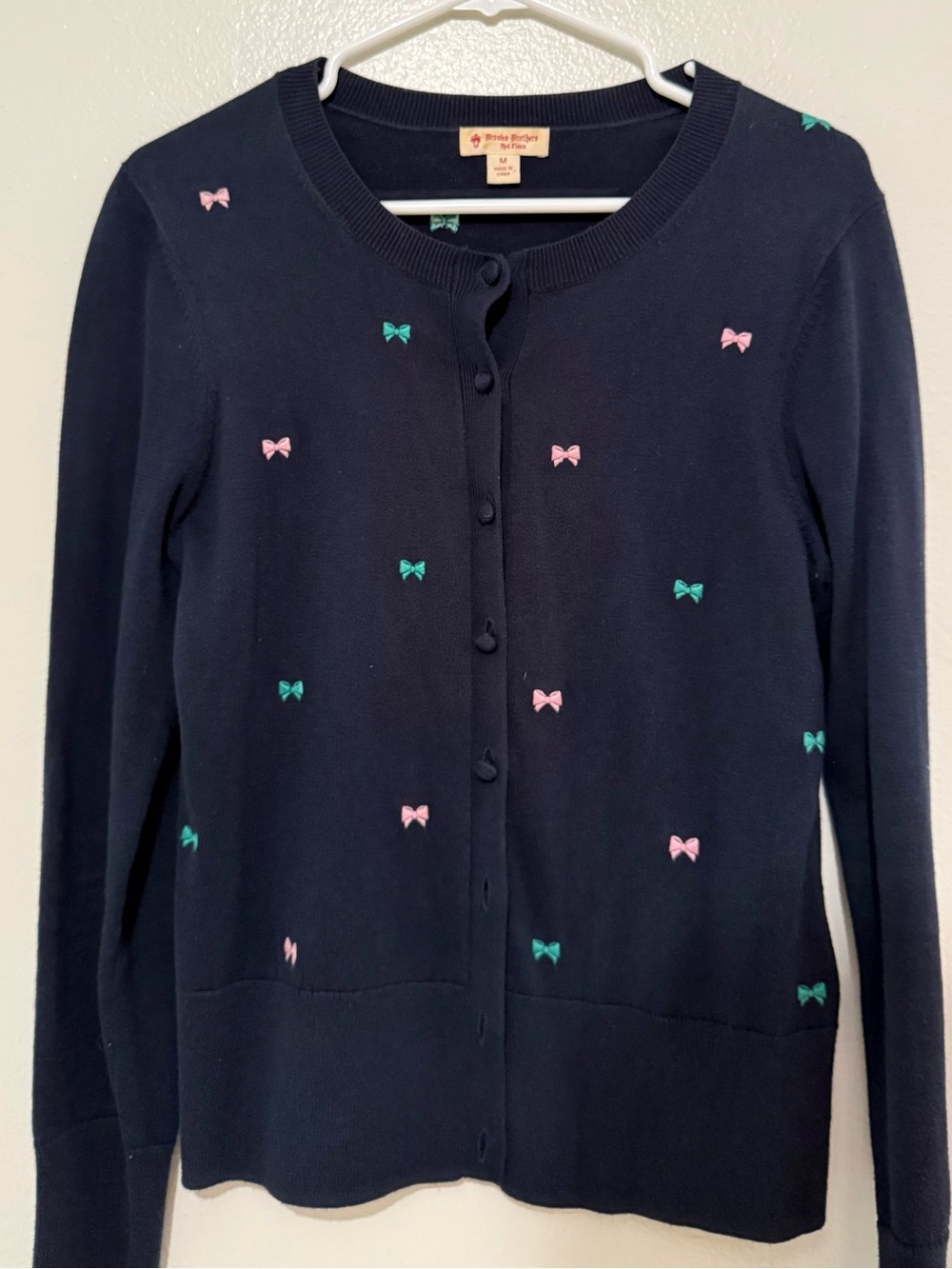 Brooks Brothers Navy Cardigan with Pink & Teal Bow Embroidery